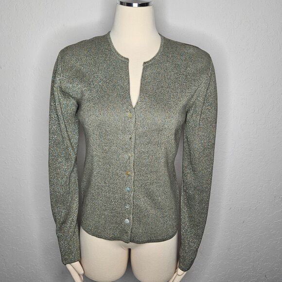 Vintage Joseph A. Silk Metallic Cardigan Sweater Button Front Silver Large Y2K - Picture 1 of 7